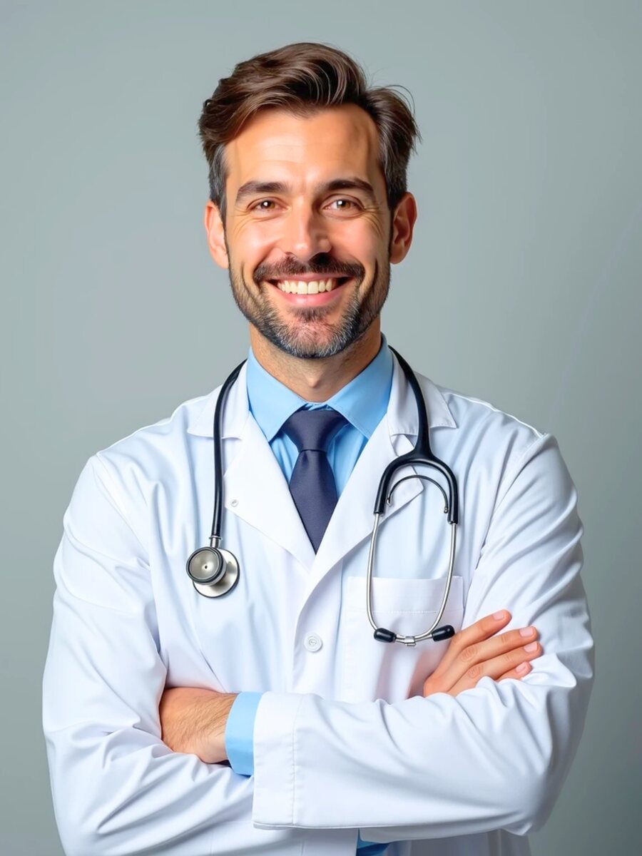 Médico sorridente de jaleco branco
