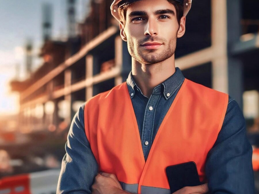 Engenheiro em obra com colete e capacete