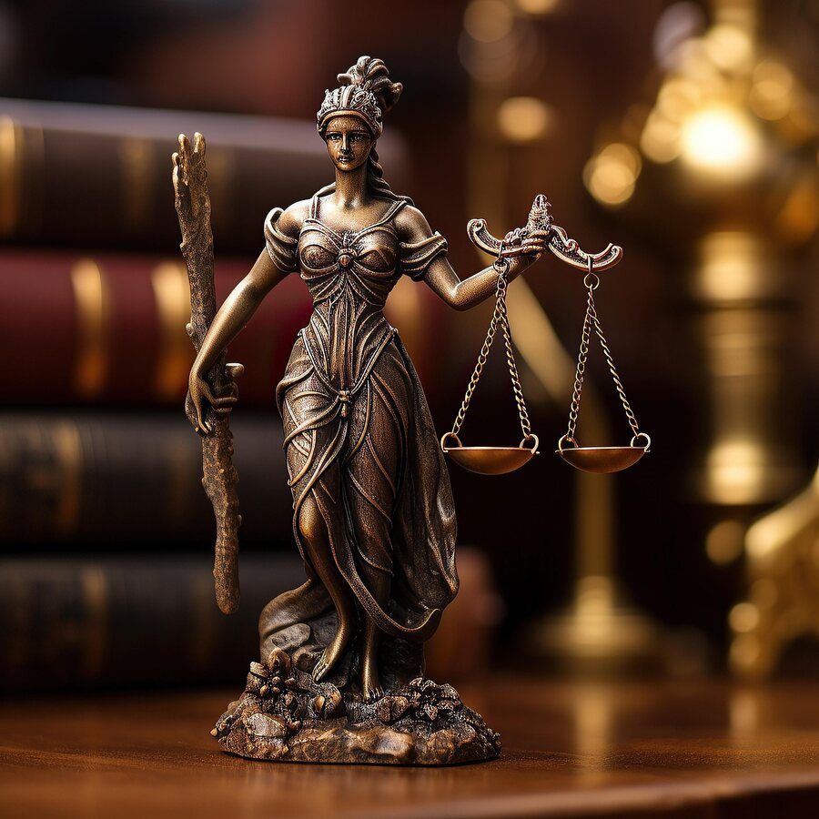 Estátua da Justiça sobre livros de direito