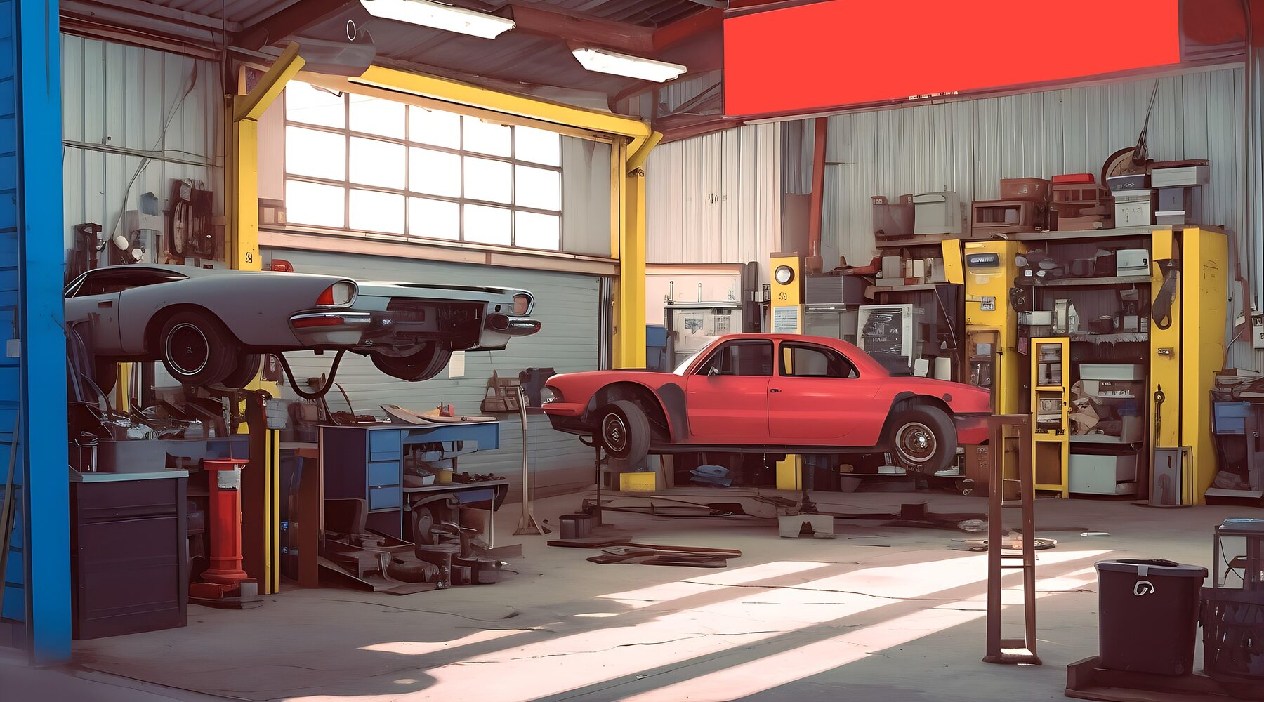 Interior da oficina com carros em manutenção